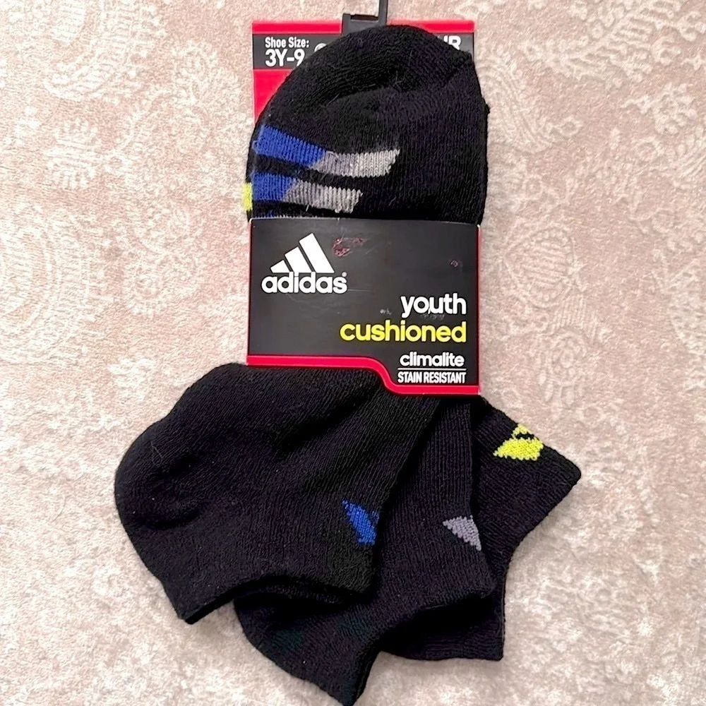 Brand New Adidas 3-Pack Youth Cushioned Climalite No Show Black Socks